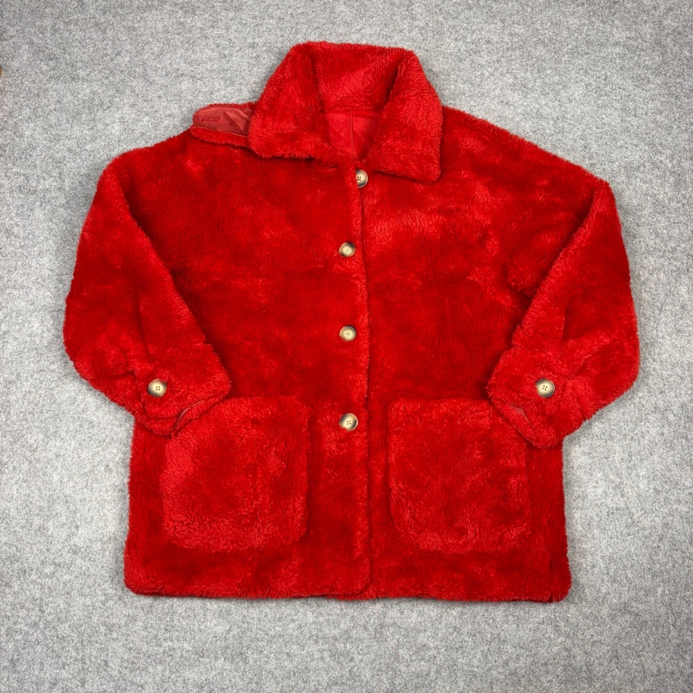 Vintage Red Faux Fur Teddy Coat Button Front Plush Jacket with Pockets